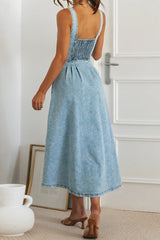 Aiertu -Elegant Solid Color Buttons Patchwork V Neck Sleeveless Denim Dresses aiertu