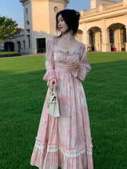 Aiertu - Elegant Sweet Pink Print Midi Dresses for Women Flower Square Collar Lantern Sleeve Lace Patchwork Long Dress Autumn Party Robe Aiertu