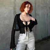 Aiertu - Crew Neck Sheer Mesh Low Cut Long Sleeves Bandage Lace Up T-Shirt Crop Top Spicy Girl Vintage Fashion Autumn Streetwear Aiertu
