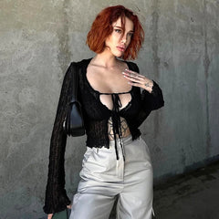 Aiertu - Crew Neck Sheer Mesh Low Cut Long Sleeves Bandage Lace Up T-Shirt Crop Top Spicy Girl Vintage Fashion Autumn Streetwear Aiertu