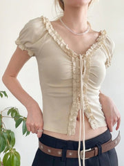 Aiertu Women Y2k Aesthetic Ruffled Bandage T-shirt Summer Harajuku Fairy Vintage Slim Fit Tees Grunge Cropped Pleated Tops Streetwear Aiertu