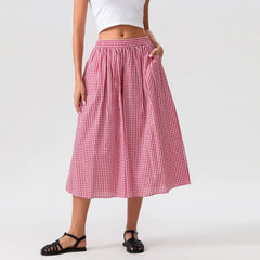 Aiertu - Women Summer Plaid Print Capri Culottes Elastic Waistband Wide Leg Loose Side Pocket Casual Pull On Trousers Aiertu