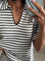 Aiertu - Striped Knitted Pullover Pants Sets Women Polo Collar Short Sleeve Tops Straight Trousers Suits Commute Summer 2026 Loose Outfit Aiertu