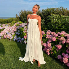 Aiertu - Chic Ruffles Scarf Collar Long Dress Women Elegant High Slit Off Shoulder Backless Tassel Midi Dresses Lady Solid Vacation Robes Aiertu