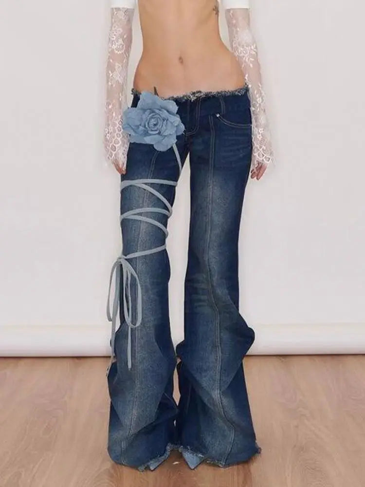 Aiertu - Vintage Blue Y2k Jeans Women High Street Wide Leg Denim Trousers Harajuku Retro Fashion Casual Hotweeet Jeans Aesthetic Aiertu