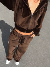 Aiertu - Velvet Solid Cropped Jacket Women Autumn Long Sleeve Zipper Hoodies Outerwear+Drawstring Pants Vintage Fashion Sport 2 Piece Set Aiertu