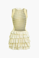Aiertu - Lace Up Back Sleeveless Ruffle Hem Mini Dress Aiertu