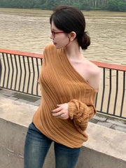 Aiertu - Vintage Loose Knitted Skew Collar T-shirts 2025 Y2k Aesthetic Spring Streetwear Fairy Tops Women Casual Fashion Hole Grunge Tees Aiertu