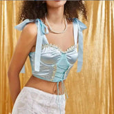 Aiertu - party look snspos Women's Sexy Satin Camis Sweet Floral Bow Bra Strap Crop Top Mesh Ribbons Sleeveless Backless Tank Tops Female Corset Y2k Aiertu
