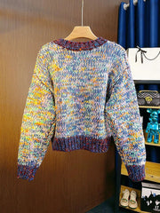 Aiertu - Chunky Wool Blended Jumper Multi Color Ombre Purple Pullover Sweater Crew Neck Cropped Knitted Tops Autumn/Winter Women Knitwear Aiertu