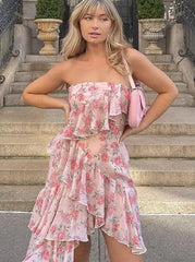 Aiertu Floral Print Spaghetti Strap Dresses Mini Women Sexy Backless Halter Neck Spring Summer Ruffle Casual Beach Dress Aiertu