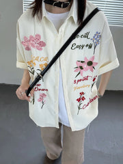 Aiertu - Harajuku Embroidery Floral Blouse Female Short Sleeve Oversize Summer Shirts for Women American Retro Button Up Cardigan Aiertu