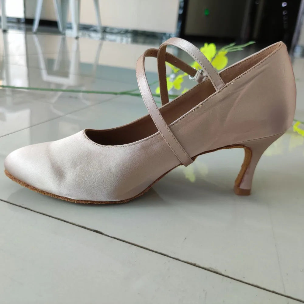 Aiertu - Khaki Color Satin With Crystal Comfortable Woman Modern Ballroom Dance Shoes 7.3cm Heel Evkoo018 customize shoe Aiertu
