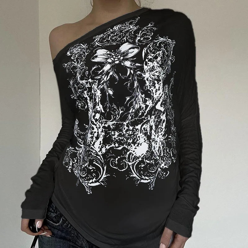 Aiertu - Halloween European and American personality niche dark printing contrasting colors loose large version long-sleeved T-shirt top Aiertu