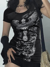 Aiertu - Gothic Print Black Short Sleeve T-shirt Women Chic Hollow Out Backless O-neck Tee Shirts Summer Streetwear y2k T Shirts Aiertu