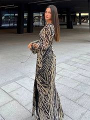 Aiertu - Fall Outfits 2026 Sexy Hollow Out V-neck Lace Up Party Dress Women Chic Striped Long Sleeve Split Midi Dresses 2026 Summer Lady Casual Club Gowns Aiertu