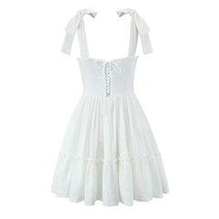 Aiertu - Summer 2025 Women Hollow Out Embroidery Sling Mini Dresses Lacing Up Back A-line Cotton Black White Short Dresses Party Robe Aiertu