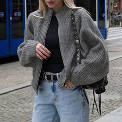 Aiertu - cold weather outfits Y2K Double Zipper Cardigan Women High Street Knitted Turn-down Collar Sweater Winter Lady Minimalist Knitwear Casual Aiertu