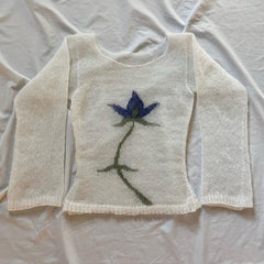 Aiertu - Vintage Y2K Knitted Sweater Flower Aesthetics Graphic Print Pullover Tops Long Sleeve Slim 2000s Harajuku Sweater Top Streetwear Aiertu