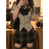 Aiertu Summer Japanese Fashion Lapel Bow Short Top Plaid Pleated Skirt Jk Suit 2pcs Women Korean Girls School Uniform Plus Size XL Aiertu