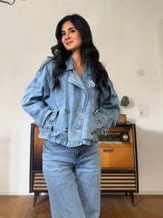 Aiertu - Fashion Denim Lapel Short Jacket For Women Chic Double Breasted Cropped Jackets Female 2025 Spring New Long Sleeve Street Tops Aiertu