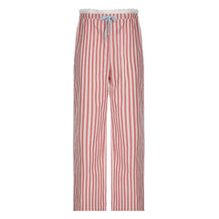 Aiertu - Sweet Stripe Lace Patchwork Women Pants Low Waist Drawstring Harajuku Korean Trousers Straight Leg Bottoms Basic New Aiertu