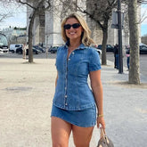 Aiertu - Solid Denim Women Skirt Suits Turn-down Collar Single Breasted Top High Waist Mini Skirts 2025 Summer New Fashion Female Sets Aiertu