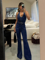 Aiertu - Halter Slim Denim Jumpsuits For Women Sleeveless High Waist Streetwear Backless Lady Fashion Sexy Plunge Rompers Outfits Aiertu