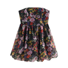 Aiertu - Sexy Women Black Flower Print Organza Strapless Dress Hem Ruched Swing BUD Party Skater Mini Short Robe Aiertu