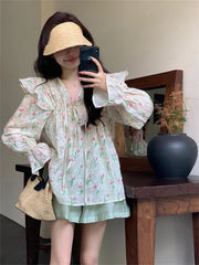 Aiertu - Autumn Chic Sweet Blouses Women Printed Full Sleeve New V-Neck Slim Loose Daily Elegant Office Lady Florals Aiertu