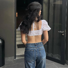 Aiertu - Fall Outfits 2026 Women Trendy Jacquard Eyelet Crop Tops Kawaii Bubble Sleeve Blouse Tees Y2k Girl Music Club Party Sexy Backless Tie Up T-shirt Aiertu