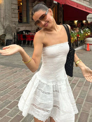 Aiertu - Fashion White Strapless Mini Dress For Women Slim Sleeveless Sexy Club Party Dress Sweet Ruched A-line Dress Female New Aiertu
