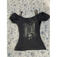 Aiertu Vinatge Euramerican Sexy Off The Shoulder Lace Sling T Shirt Personality Constrast Color Y2k Print Tees New All Match Tops Aiertu