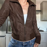 Aiertu - cold weather outfits Faux Leather Women Brown Jacket Vintage Fashion Autumn Streetwear Zipper Coat Casual Y2K Motorcycle Style Outwear Aiertu
