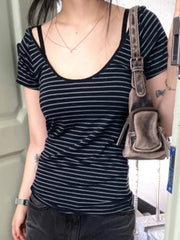 Aiertu - Striped T Shirts Woman Japanese 2000s Style Y2k Hooded Short Sleeve Summer Tops Shoujo Girl Aesthetic P67-BD18 Aiertu