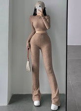 Aiertus Solid Color Ribbed Slim Long Sleeve Cropped Top High Waist Pants Matching Set Aiertu
