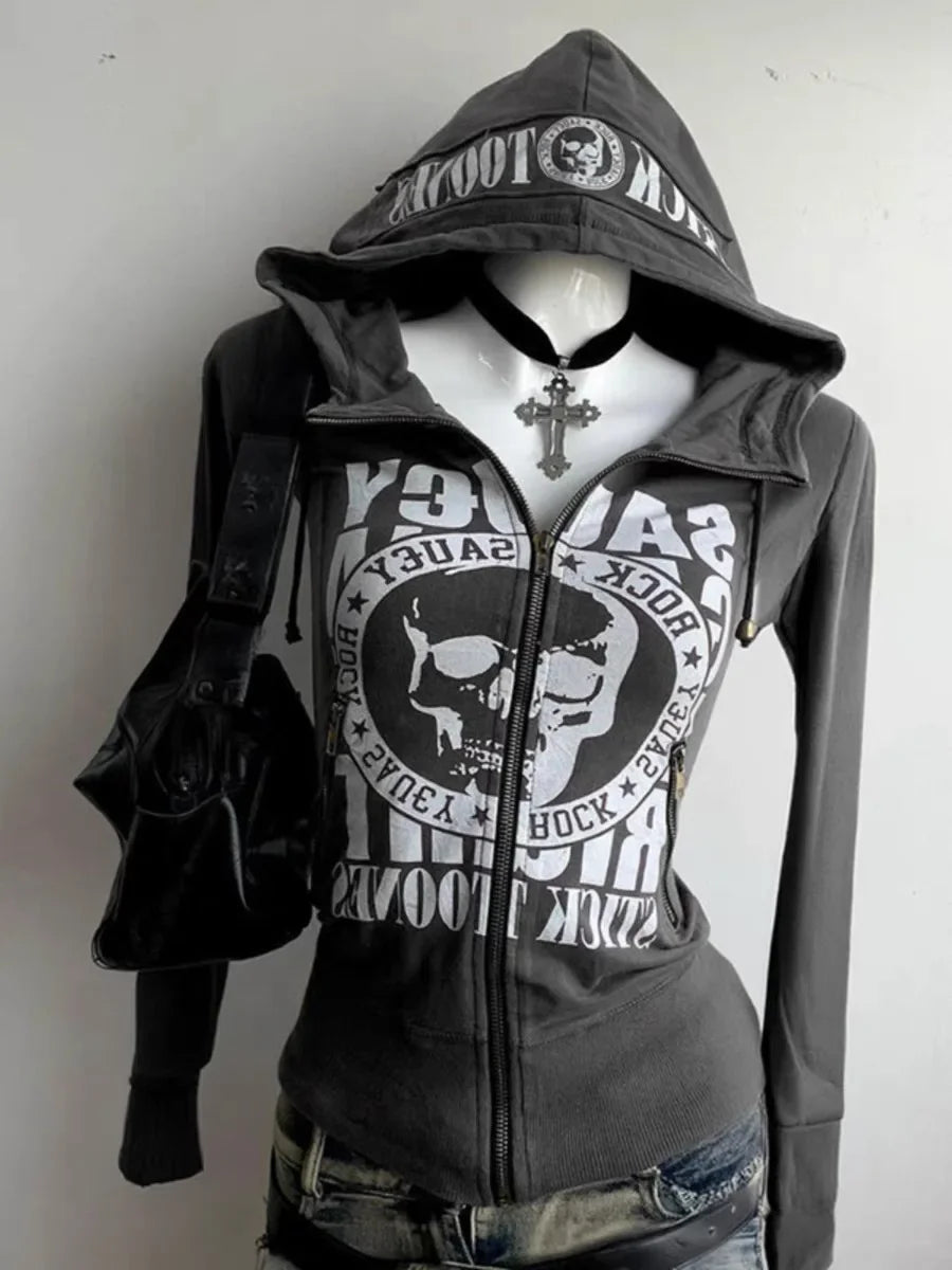 Aiertu - Streetwear Hoodie Harajuku Retro Letter Print Pattern Zipper Skinny Hoodie Women Casual Sweatshirt Punk Goth New Sports Hoodie Aiertu