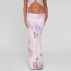 Aiertu - Print Halter Vest Crop Tops Skirt 2 Pieces Sets For Women Sexy Mesh Flower Lace-up Vest Crop Tops And Long Skirt Sets Aiertu