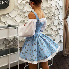 Aiertu - Puff Sleeve Suspender Dress Women Fake Two Pieces Flower Strapless Ruffles Splice Long Sleeve Lace Up Party Dress Summer Aiertu
