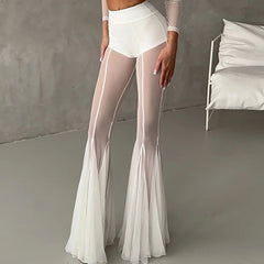 Aiertu - Women's Casual Patchwork Pleated Flared Pants Perspective Mesh Slim Trousers New 2026 Summer Elastic High Waist Club Long Pants Aiertu