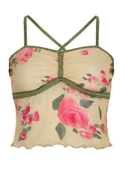 Aiertu -Floral Print Mesh Ruffle Trim Cami Top aiertu