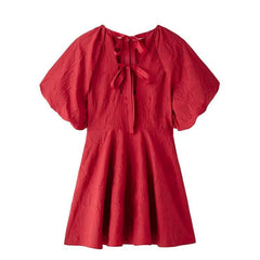 Aiertu - Women Red Puff Short Sleeve Mini Dress for Women Summer O-Neck Back Lace up High Street Evening Party Vestidos Aiertu