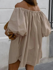 Aiertu - Sexy Slash Neck Off Shoulder Khaki Short Dress High Street Fashion Casual Woman Clothing Summer Puff Sleeve Solid Party Dresses Aiertu
