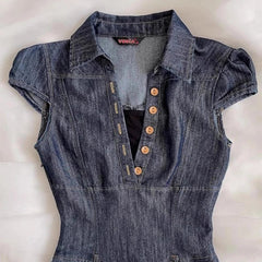 Aiertu - Spicy Girl Retro Denim Dress 2025 Summer Y2k Short Sleeve Button Streetwear Fashion Slim Fit Short Dresses Women's Mini Skirt Aiertu