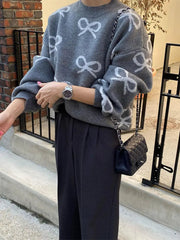Aiertu - Elegant Bow Printed Women Knitted Sweater Fashion Round Neck Long Sleeves Oversized Pullover 2026 Warm Lady Commuting Tops Aiertu