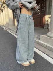 Aiertu - American Retro Y2K Pocket Striped Baggy Jeans Women Autumn Winter Street Loose Casual Harajuku Fashion High Waist Wide Leg Jeans Aiertu