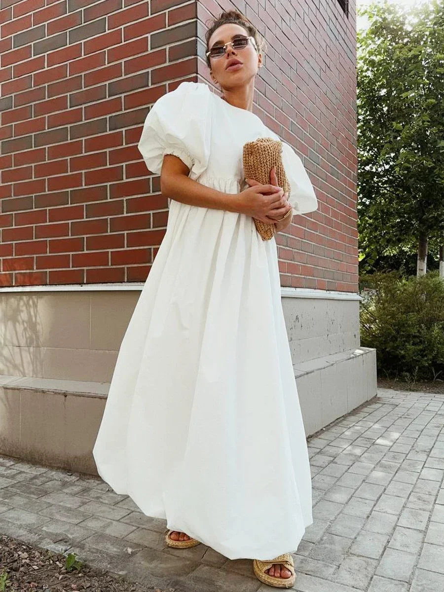 Aiertu - 100% Cotton Women's Oversized Bubble Sleeve Dresses Fashionable Ladies O-Neck Chic Short Sleeve Summer Loose Long Dress Aiertu