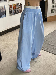 Aiertu - Blue Stripe Pants Women Y2k Fake Two Piece Wide Leg Sweatpants Baggy Kpop Sport Trousers Hip Hop Harajuku Summer Bottoms Aiertu
