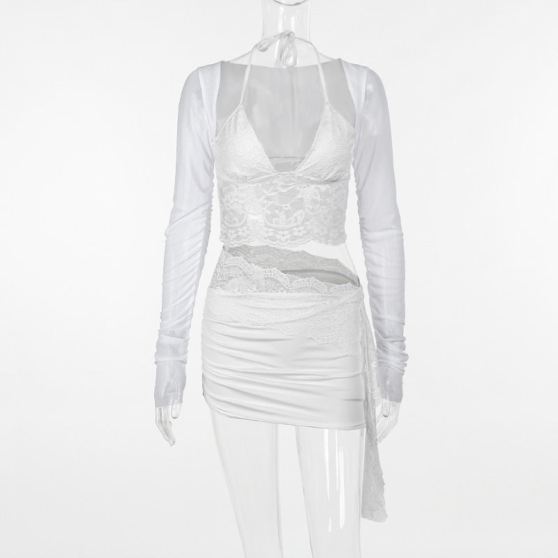 Aiertu Autumn New Fashion Temperament Sexy Deep V Slim Lace Spliced Net Long-Sleeved Dress Woman Aiertu