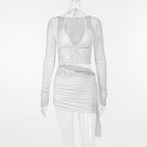Aiertu Autumn New Fashion Temperament Sexy Deep V Slim Lace Spliced Net Long-Sleeved Dress Woman Aiertu
